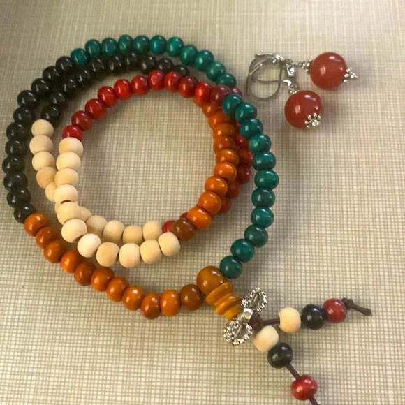 New Set Sandalwood bead bracelet Wristband Mala prat with earrings - Picture 5 of 6